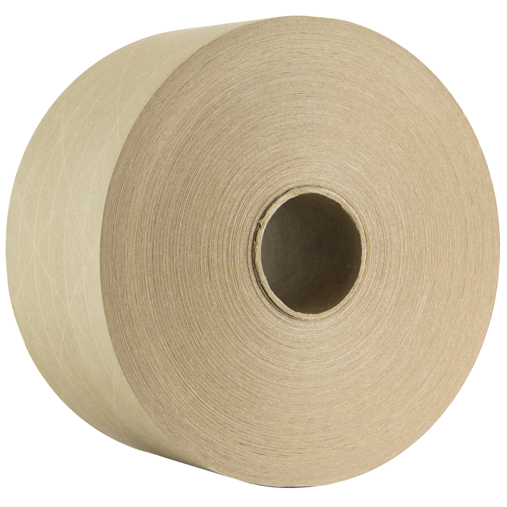 A large roll of brown kraft paper with a visible hollow center, used for packaging or industrial purposes. Intertape® 235 Natural Reinforced Water Activated Tape (72 mm. x 600 feet., 10/Case)